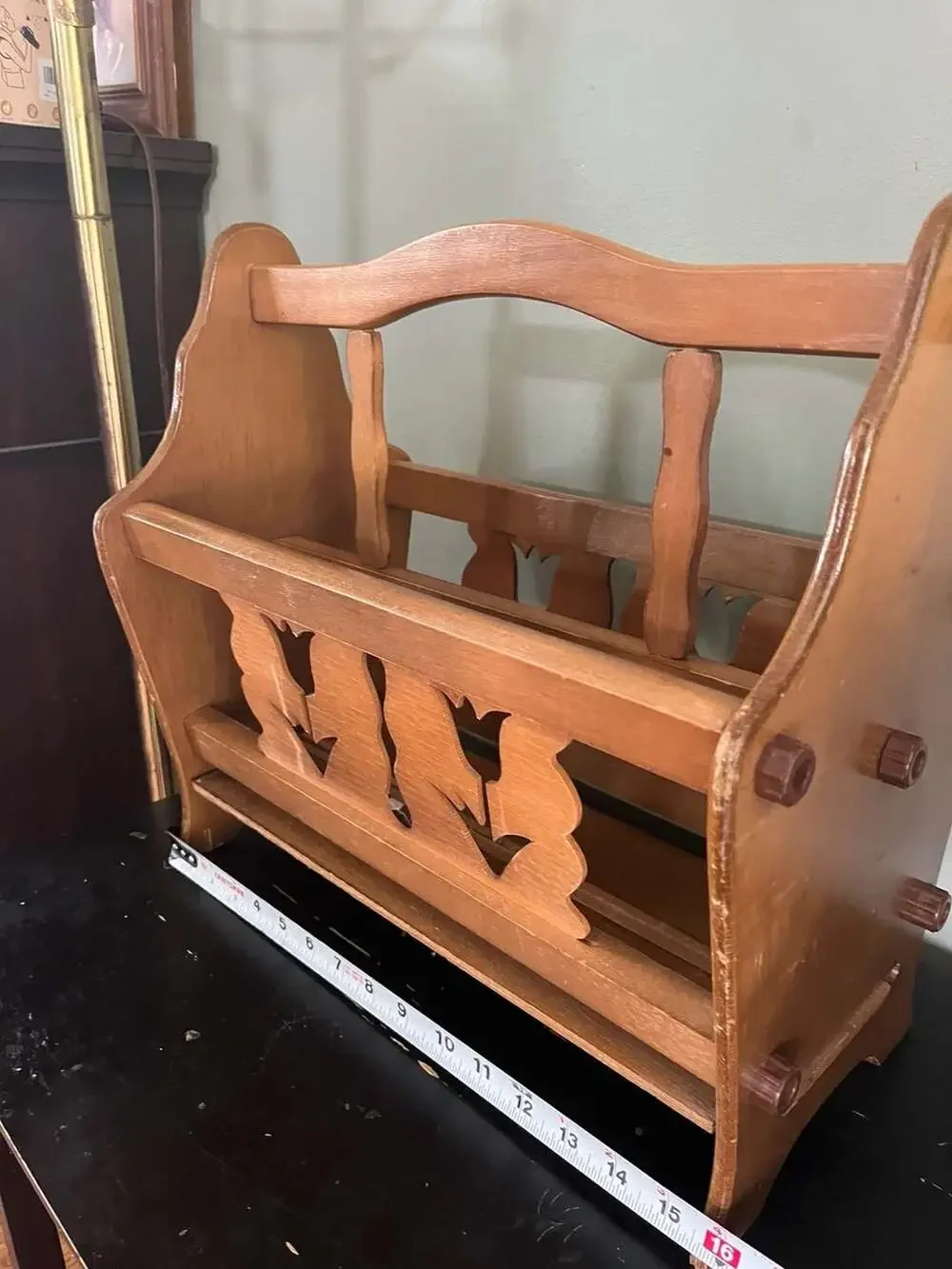 Vintage Wooden Magazine Rack with Tulip Cut-Outs